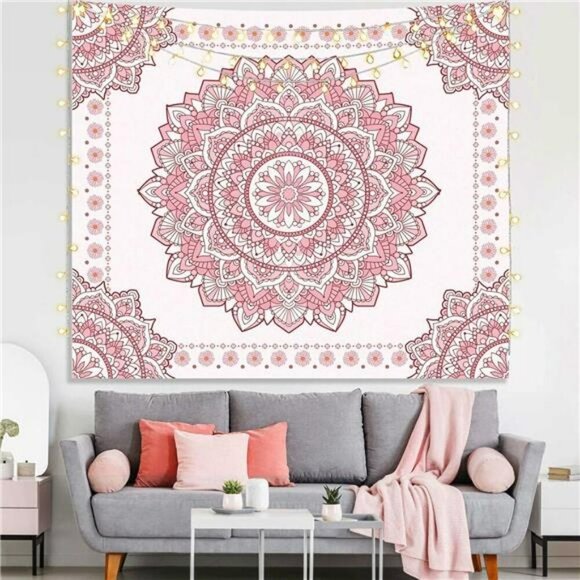 Boho Pink Mandala Wall Tapestry Floral Dorm Room Decor for Teen Girls Bedroom - Picture 4 of 8